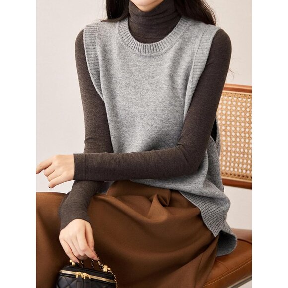 Women's Sleeveless Knit Sweater Vest Casual Crew Neck Ribbed Loose Fit Top - Picture 2 of 7